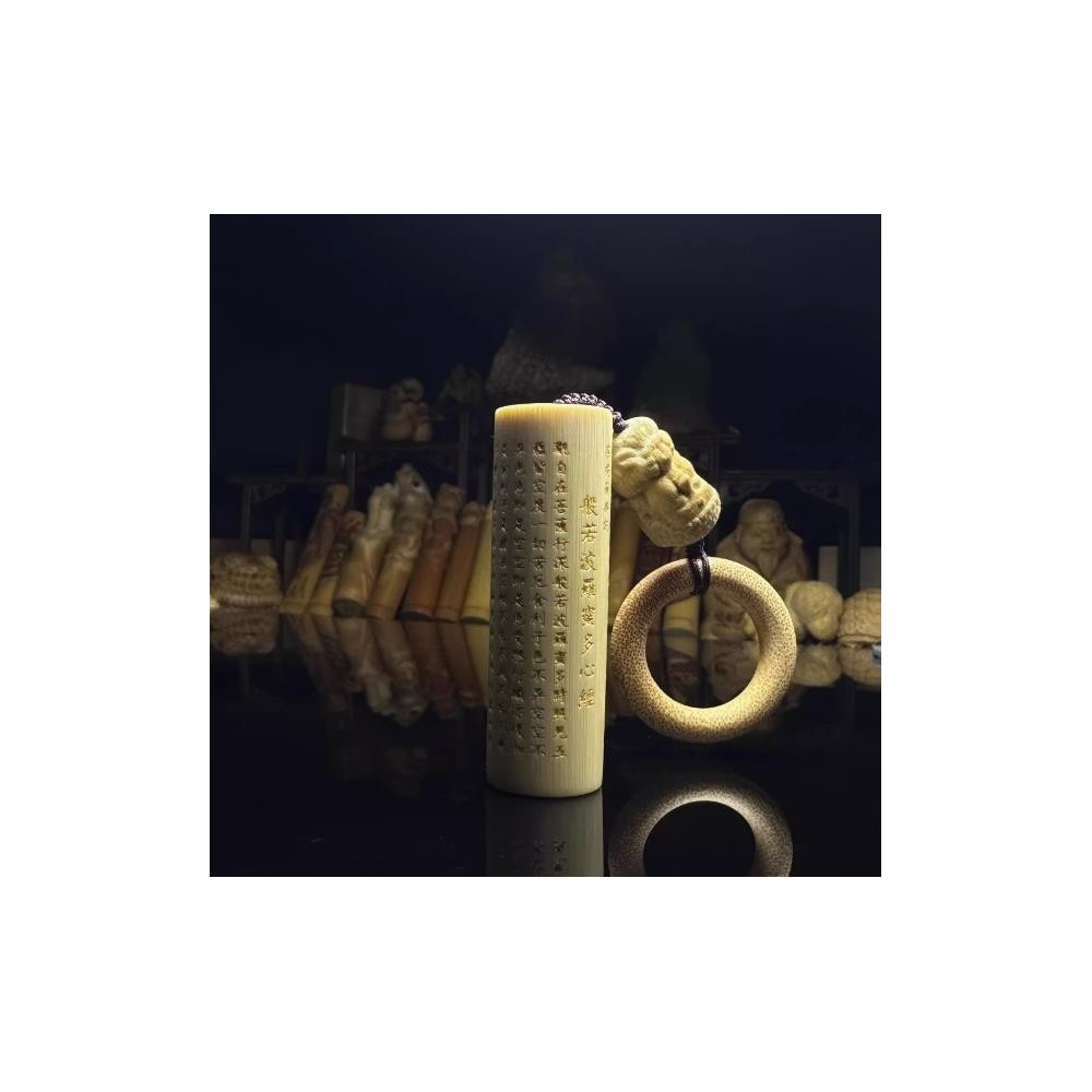 Solid round jade bamboo carving heart sutra golden hoop handle ornament Solid round jade bamboo carving heart sutra golden hoop handle ornament