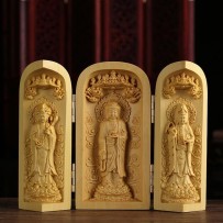 Boxwood Carving Three-opening Box Handle Buddha Statue Ornaments Solid Wood Portable Buddha Statue Shrine Crafts
