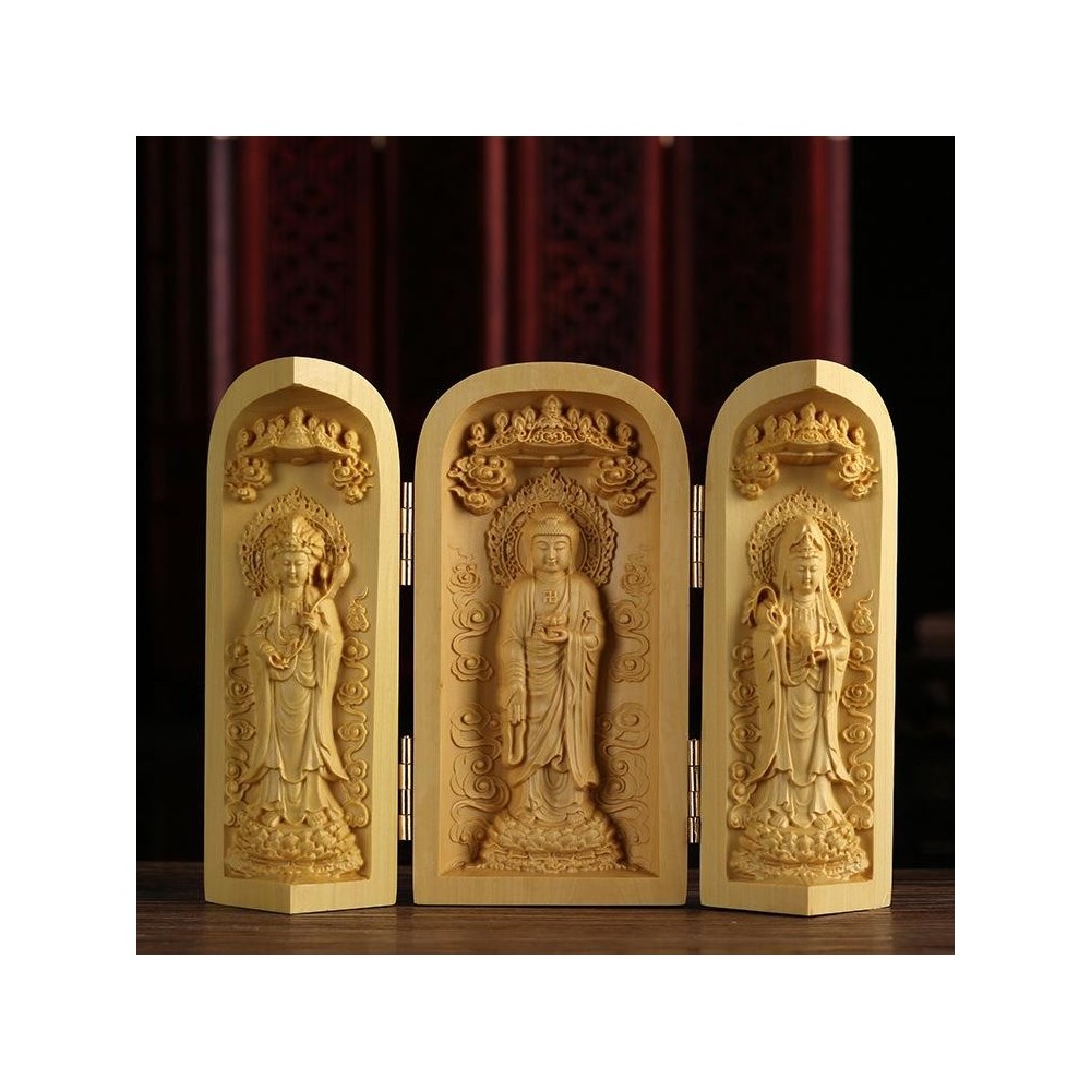 Boxwood Carving Three-opening Box Handle Buddha Statue Ornaments Solid Wood Portable Buddha Statue Shrine Crafts Boxwood Carving Three-opening Box Handle Buddha Statue Ornaments Solid Wood Portable Buddha Statue Shrine Crafts