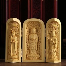 Boxwood Carving Three-opening Box Handle Buddha Statue Ornaments Solid Wood Portable Buddha Statue Shrine Crafts