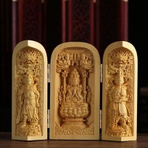 Boxwood Carving Three-opening Box Handle Buddha Statue Ornaments Solid Wood Portable Buddha Statue Shrine Crafts