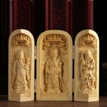 Boxwood Carving Three-opening Box Handle Buddha Statue Ornaments Solid Wood Portable Buddha Statue Shrine Crafts