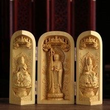 Boxwood Carving Three-opening Box Handle Buddha Statue Ornaments Solid Wood Portable Buddha Statue Shrine Crafts