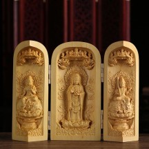 Boxwood Carving Three-opening Box Handle Buddha Statue Ornaments Solid Wood Portable Buddha Statue Shrine Crafts