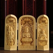 Boxwood Carving Three-opening Box Handle Buddha Statue Ornaments Solid Wood Portable Buddha Statue Shrine Crafts
