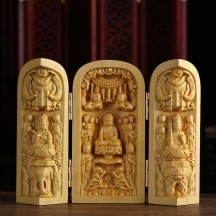 Boxwood Carving Three-opening Box Handle Buddha Statue Ornaments Solid Wood Portable Buddha Statue Shrine Crafts