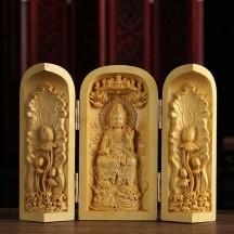 Boxwood Carving Three-opening Box Handle Buddha Statue Ornaments Solid Wood Portable Buddha Statue Shrine Crafts