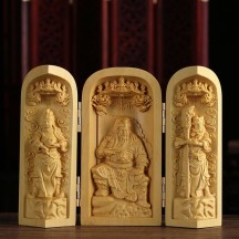 Boxwood Carving Three-opening Box Handle Buddha Statue Ornaments Solid Wood Portable Buddha Statue Shrine Crafts