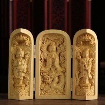 Boxwood Carving Three-opening Box Handle Buddha Statue Ornaments Solid Wood Portable Buddha Statue Shrine Crafts