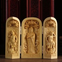 Boxwood Carving Three-opening Box Handle Buddha Statue Ornaments Solid Wood Portable Buddha Statue Shrine Crafts