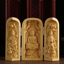 Boxwood Carving Three-opening Box Handle Buddha Statue Ornaments Solid Wood Portable Buddha Statue Shrine Crafts