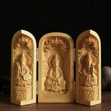 Boxwood Carving Three-opening Box Handle Buddha Statue Ornaments Solid Wood Portable Buddha Statue Shrine Crafts
