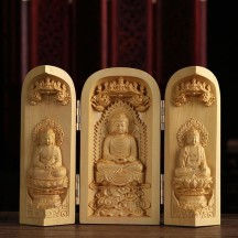Boxwood Carving Three-opening Box Handle Buddha Statue Ornaments Solid Wood Portable Buddha Statue Shrine Crafts
