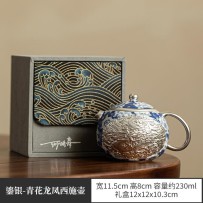 Pure Silver Dragon & Phoenix Xi Shi Teapot – Handmade Embossed Blue and White Porcelain Teapot