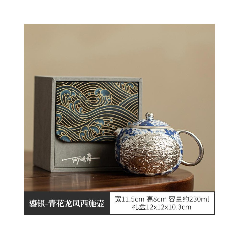 Pure Silver Dragon & Phoenix Xi Shi Teapot – Handmade Embossed Blue and White Porcelain Teapot Pure Silver Dragon & Phoenix Xi Shi Teapot – Handmade Embossed Blue and White Porcelain Teapot