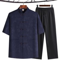 Men's Chinese Style Hanfu Set – Tang-Inspired Ice Silk Short-Sleeve Two-Piece Outfit
