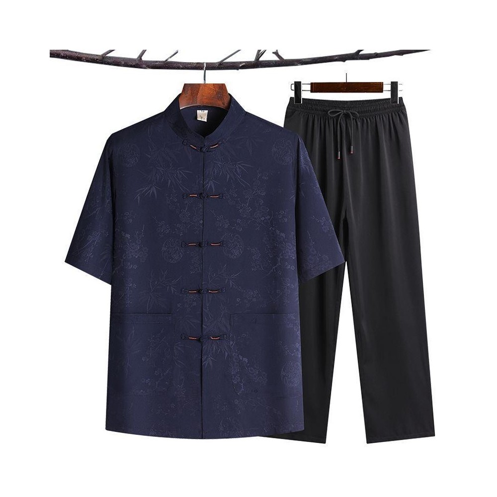 Men's Chinese Style Hanfu Set – Tang-Inspired Ice Silk Short-Sleeve Two-Piece Outfit Men's Chinese Style Hanfu Set – Tang-Inspired Ice Silk Short-Sleeve Two-Piece Outfit