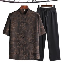 Men's Chinese Style Hanfu Set – Tang-Inspired Ice Silk Short-Sleeve Two-Piece Outfit