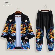 Emperor Dragon Robe Shirt – 3/4 Sleeve Dao Robe with Tapered-Leg Casual Pants