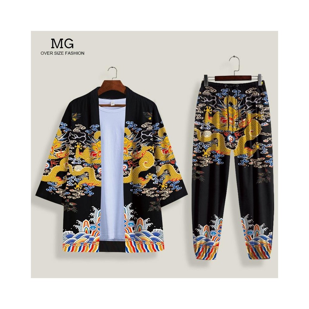 Emperor Dragon Robe Shirt – 3/4 Sleeve Dao Robe with Tapered-Leg Casual Pants Emperor Dragon Robe Shirt – 3/4 Sleeve Dao Robe with Tapered-Leg Casual Pants
