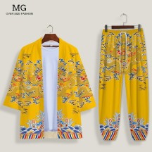 Emperor Dragon Robe Shirt – 3/4 Sleeve Dao Robe with Tapered-Leg Casual Pants
