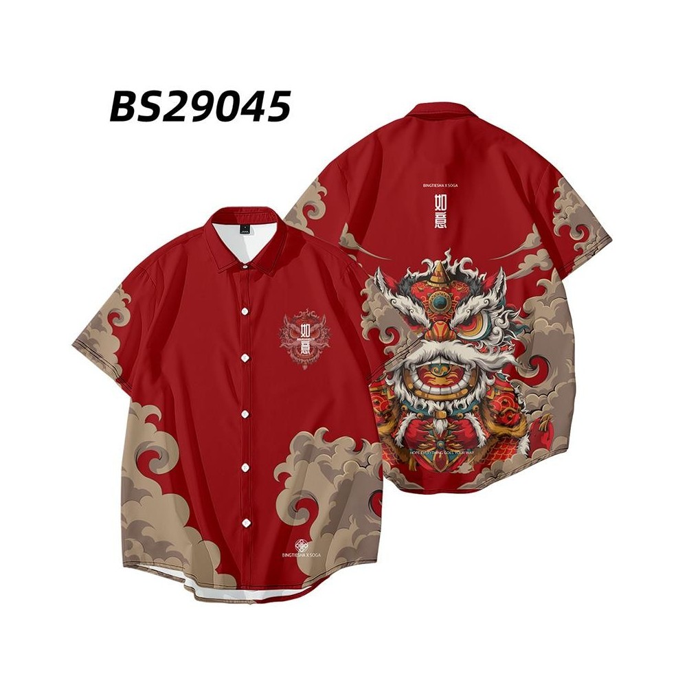 Plus Size Short-Sleeve Shirt – Lightweight Guochao Style with Lion Dance Design Plus Size Short-Sleeve Shirt – Lightweight Guochao Style with Lion Dance Design