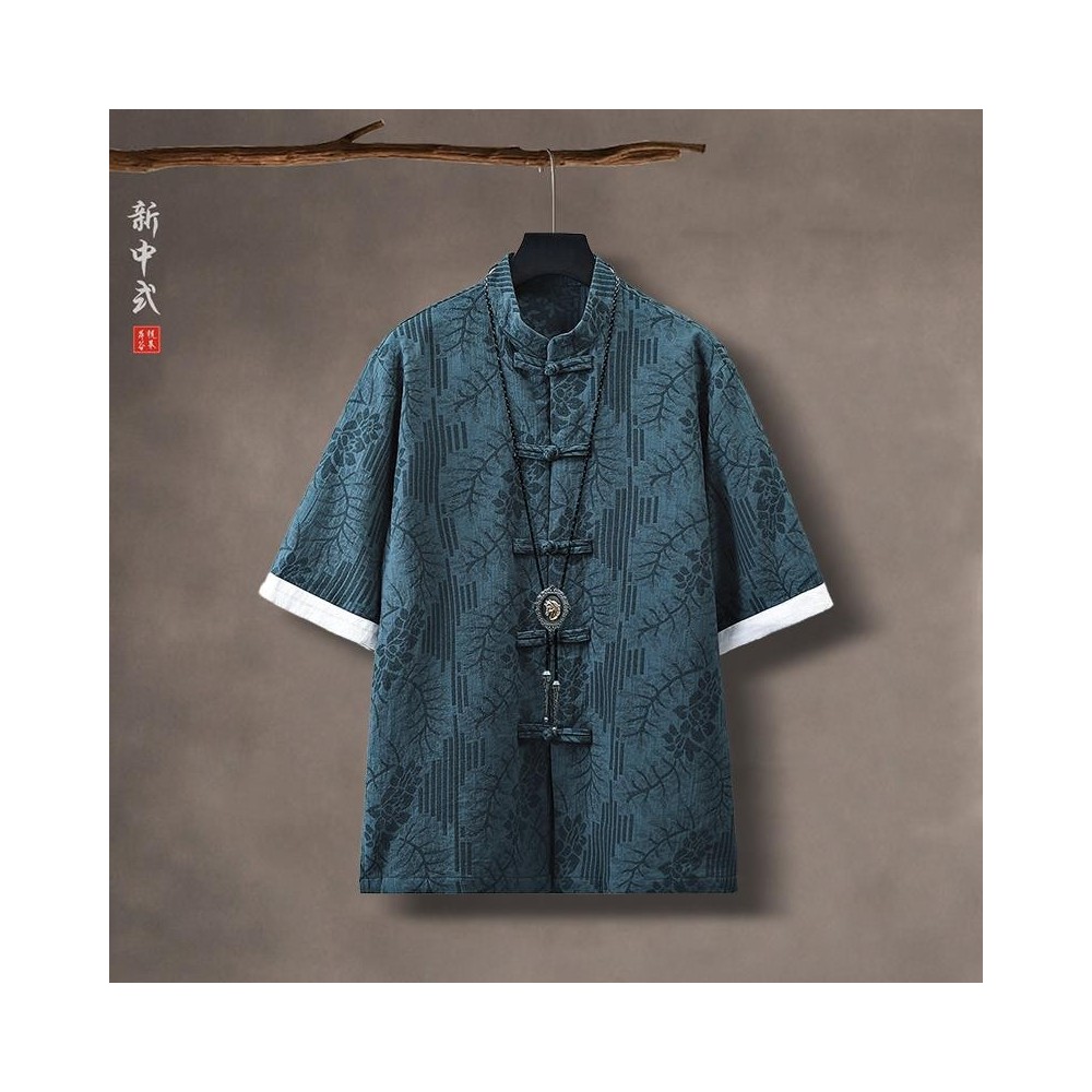 Chinese Tang-Style Shirt – Vintage Jacquard with Subtle Pattern and Frog Buttons Chinese Tang-Style Shirt – Vintage Jacquard with Subtle Pattern and Frog Buttons