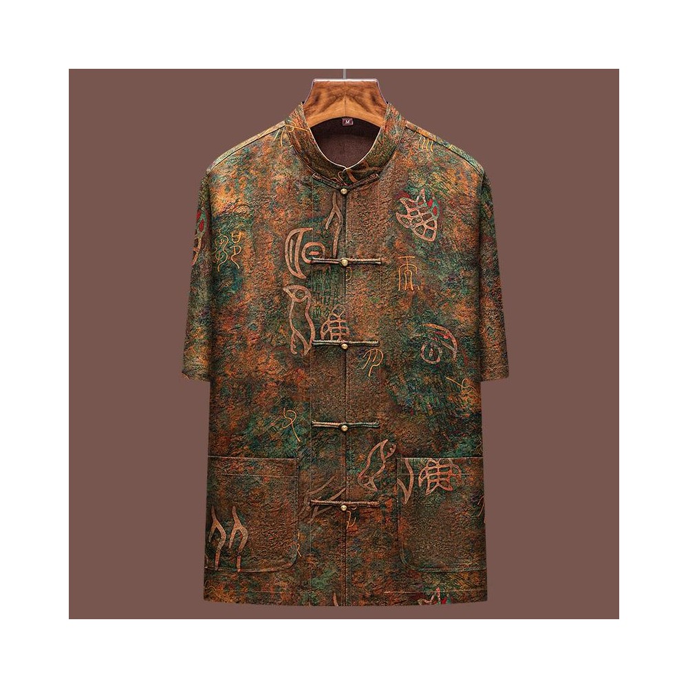 Heavy Satin Xiangyun Silk Shirt – Chinese Style with Oracle Bone Script, Bronze Buttons, and Stand Collar Heavy Satin Xiangyun Silk Shirt – Chinese Style with Oracle Bone Script, Bronze Buttons, and Stand Collar