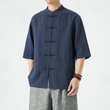 Men's Chinese-Style Linen Shirt – 3/4 Sleeve Traditional Design