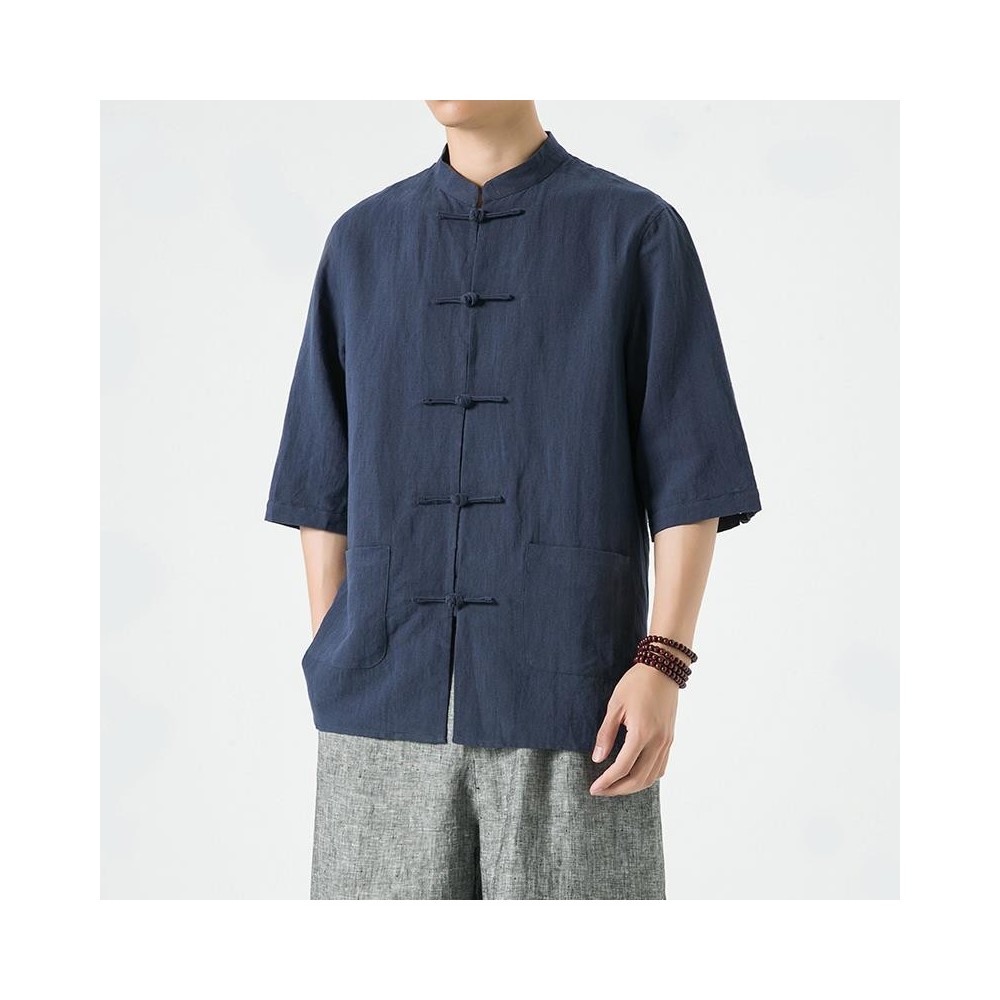 Men's Chinese-Style Linen Shirt – 3/4 Sleeve Traditional Design Men's Chinese-Style Linen Shirt – 3/4 Sleeve Traditional Design
