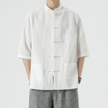 Men's Chinese-Style Linen Shirt – 3/4 Sleeve Traditional Design