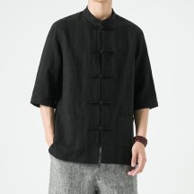 Men's Chinese-Style Linen Shirt – 3/4 Sleeve Traditional Design