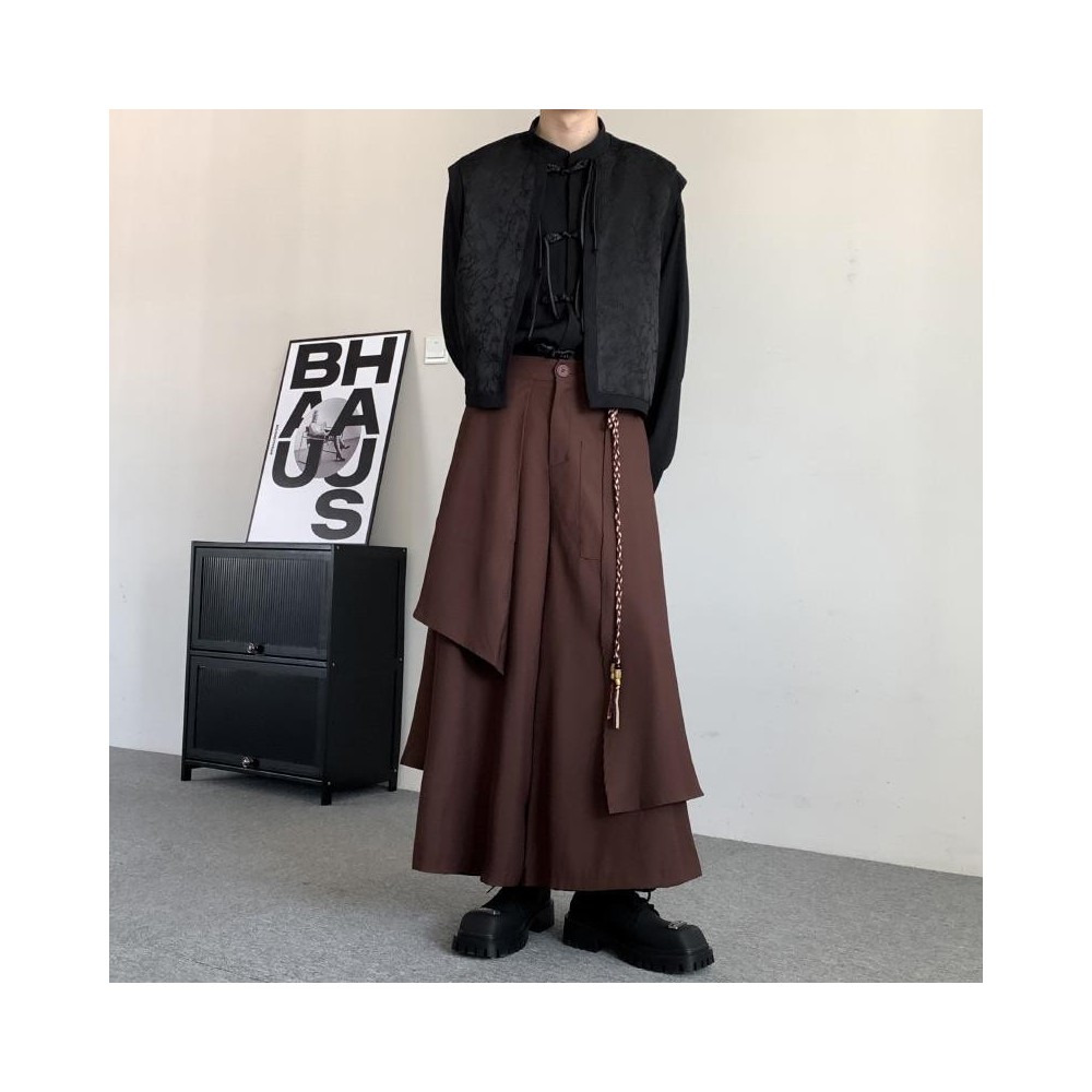 Men's Chinese-Style Mamian Skirt Pants – Black Warrior Asymmetrical Wide-Leg Trousers Men's Chinese-Style Mamian Skirt Pants – Black Warrior Asymmetrical Wide-Leg Trousers