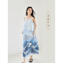 Women's Ink-Wash Style Spaghetti Strap Dress – New Chinese-Inspired Elegant Design