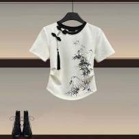 Women's Chinese Ink Painting Style Outfit – Frog Button Top and Casual Pants Set