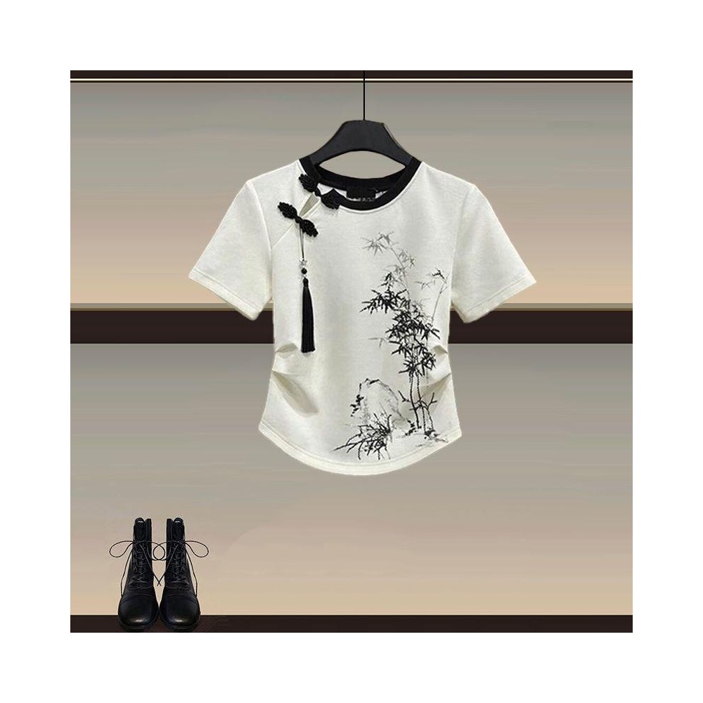 Women's Chinese Ink Painting Style Outfit – Frog Button Top and Casual Pants Set Women's Chinese Ink Painting Style Outfit – Frog Button Top and Casual Pants Set