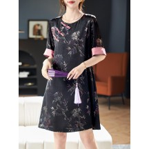 Summer Chinese-Style Printed Dress with Frog Buttons – Elegant Short-Sleeve Straight Dress in Traditional Design