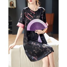 Summer Chinese-Style Printed Dress with Frog Buttons – Elegant Short-Sleeve Straight Dress in Traditional Design