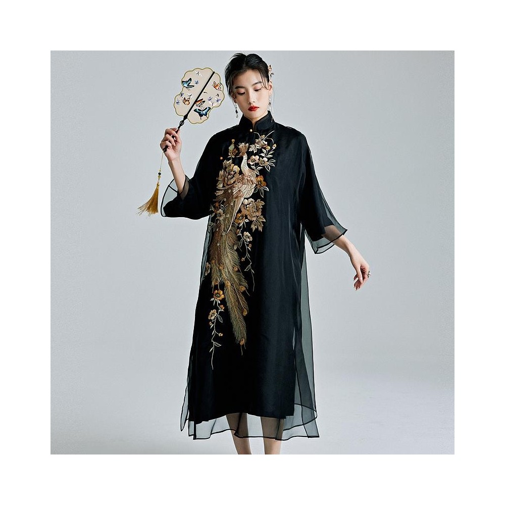 Chinese-Style 100% Silk Heavily Embroidered Qipao – New Vintage-Inspired Traditional Dress Chinese-Style 100% Silk Heavily Embroidered Qipao – New Vintage-Inspired Traditional Dress