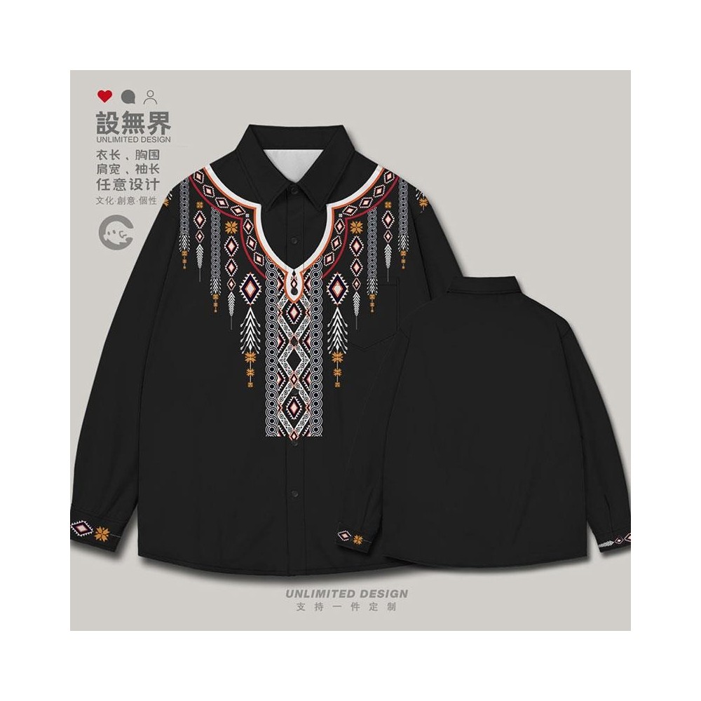 Ethnic-Style Plus Size Long-Sleeve Shirt with Miao and Tibetan Totem Culture Elements