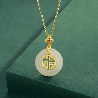 Natural Hetian jade peace buckle pendant s925 sterling silver inlaid with zircon