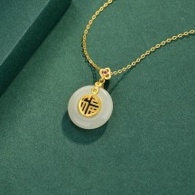 Natural Hetian jade peace buckle pendant s925 sterling silver inlaid with zircon
