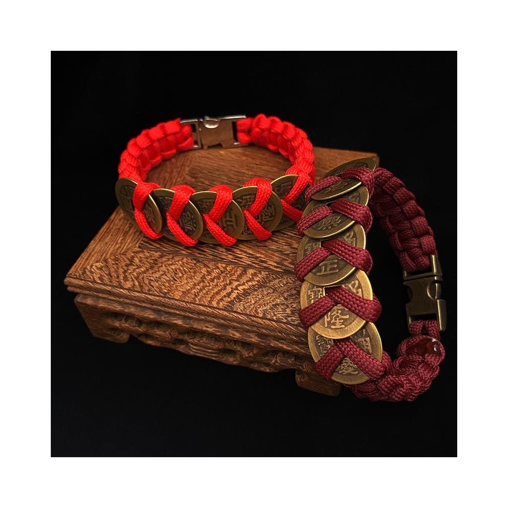 Chinese style jewelry hand-woven umbrella rope five emperors money bracelet copper coins retro Chinese style jewelry hand-woven umbrella rope five emperors money bracelet copper coins retro