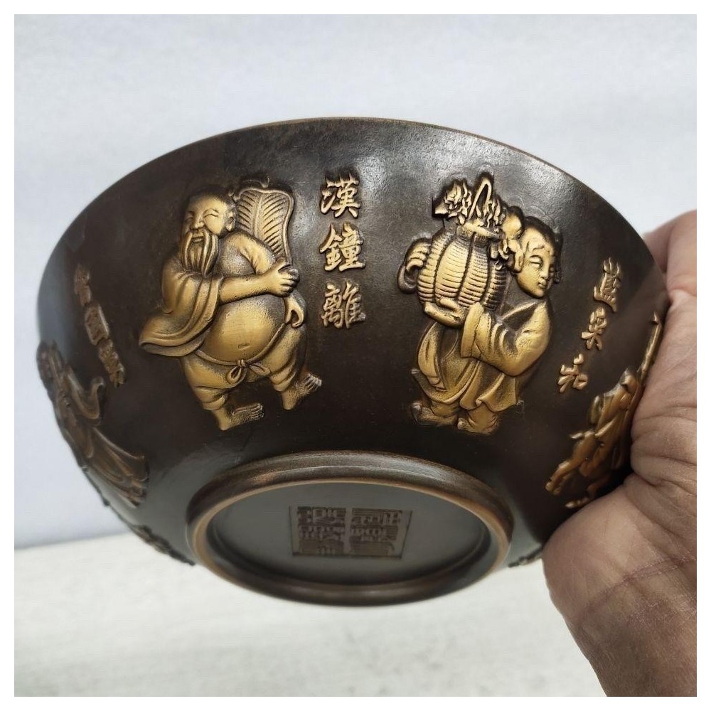 Polished copper pure copper relief gold dotted eight immortals crossing the sea eight immortals bowl home craft ornaments Polished copper pure copper relief gold dotted eight immortals crossing the sea eight immortals bowl home craft ornaments